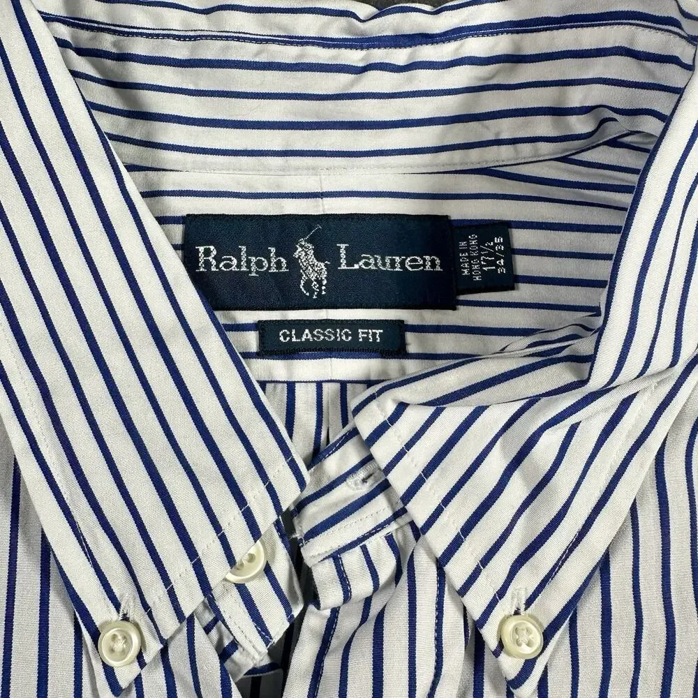 Polo Ralph Lauren Shirt Men’s 17.5” 34/35‎ White/Blue Classic Fit Striped Preppy